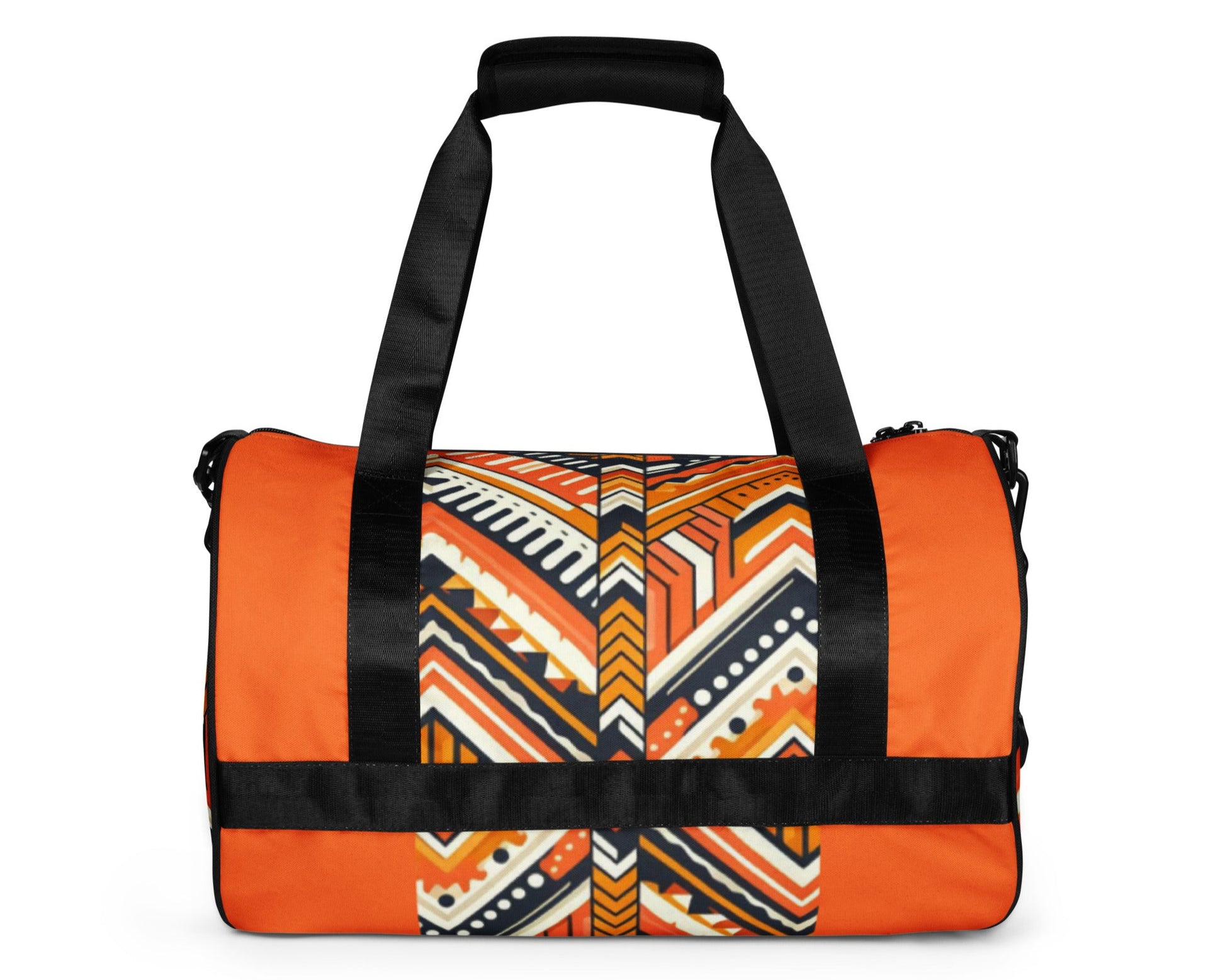 Back of orange and navy Aztec print gym bag