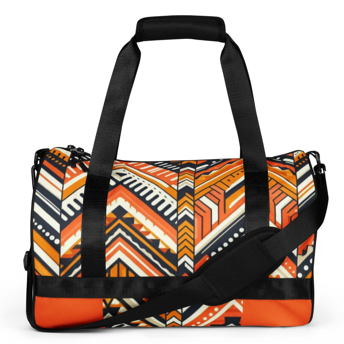 Front of orange and navy Aztec print gym bag