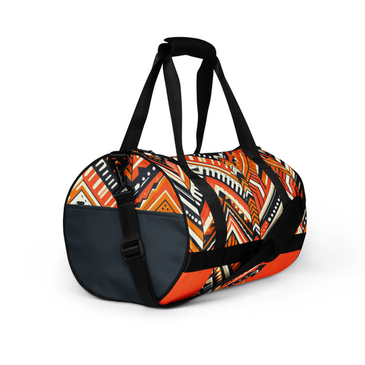 Right front of orange and navy Aztec print gym bag