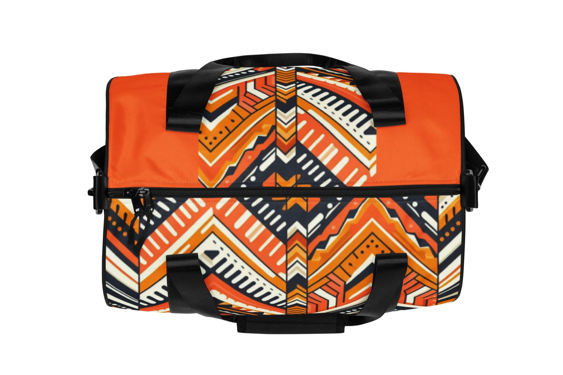Top of orange and navy Aztec print gym bag