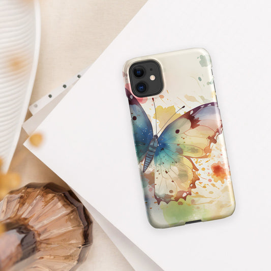 Front of iPhone 11 case with watercolor print of large butterfly of blue and other colors