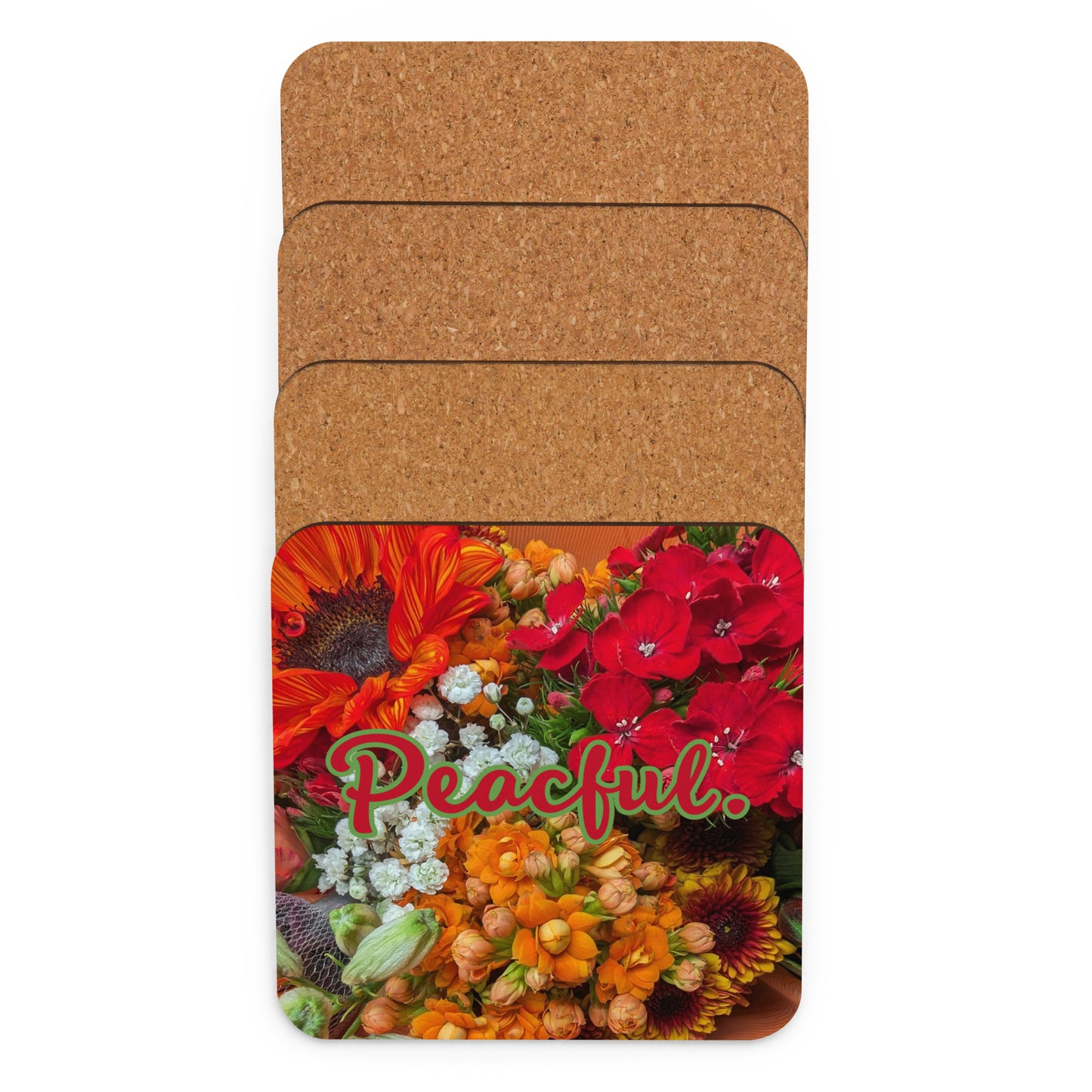 Cork-back-coaster with pink gold, orange and white flowered background and text saying 'peaceful'