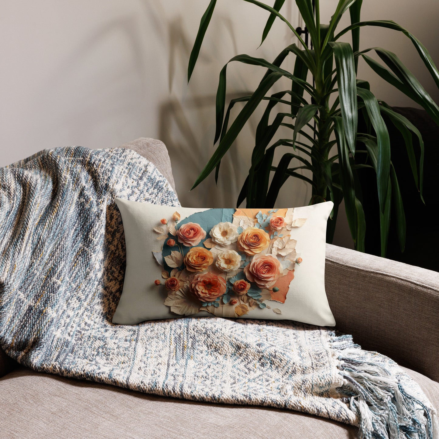 Back of peach, teal, and cream floral throw 20 x 12 pillow