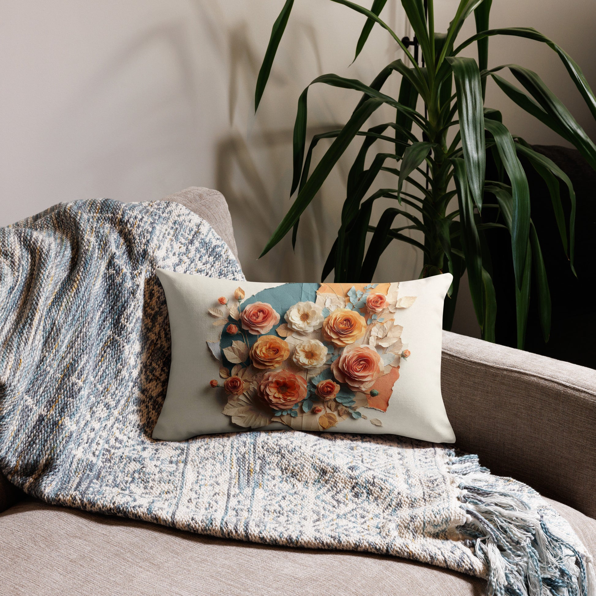 Back of peach, teal, and cream floral throw 20 x 12 pillow