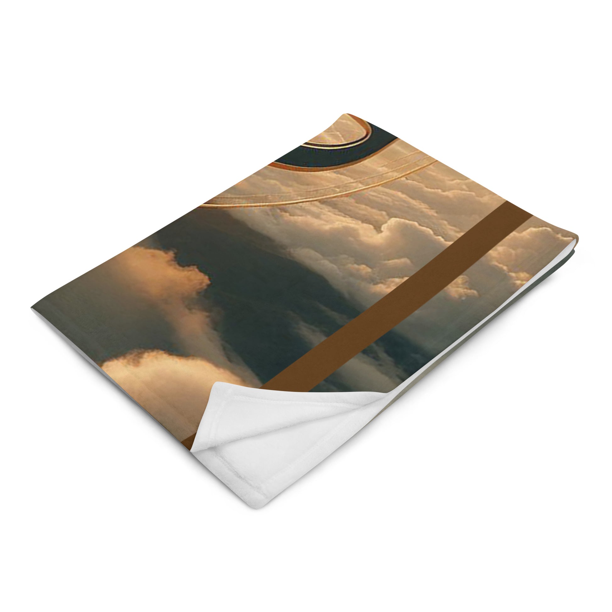 Folded 50x60 throw blanket with image of sky in blue and tans