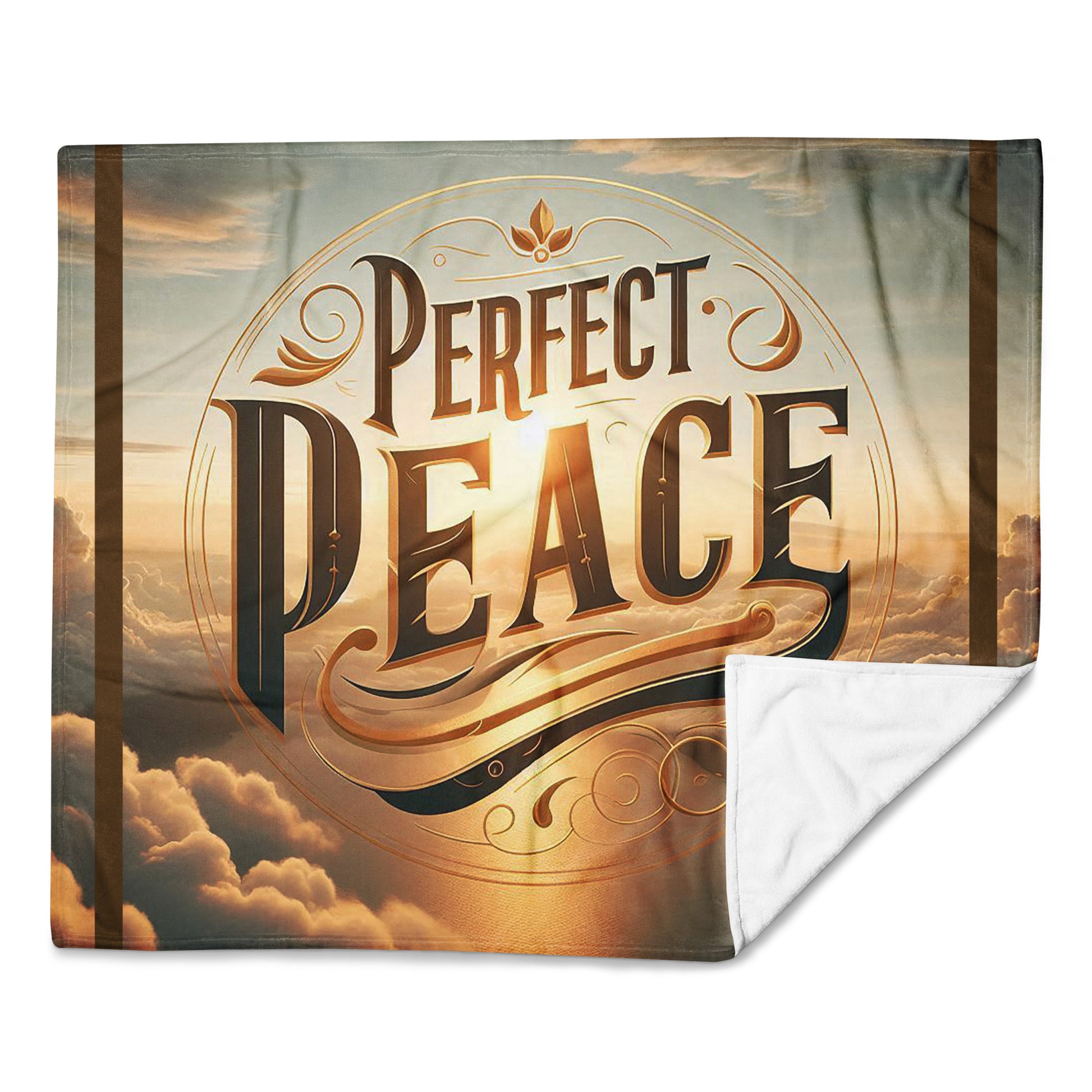 Front of 50x60 throw blanket laying flat with image of sky in blue and tans and word saying 'perfect peace' in brown