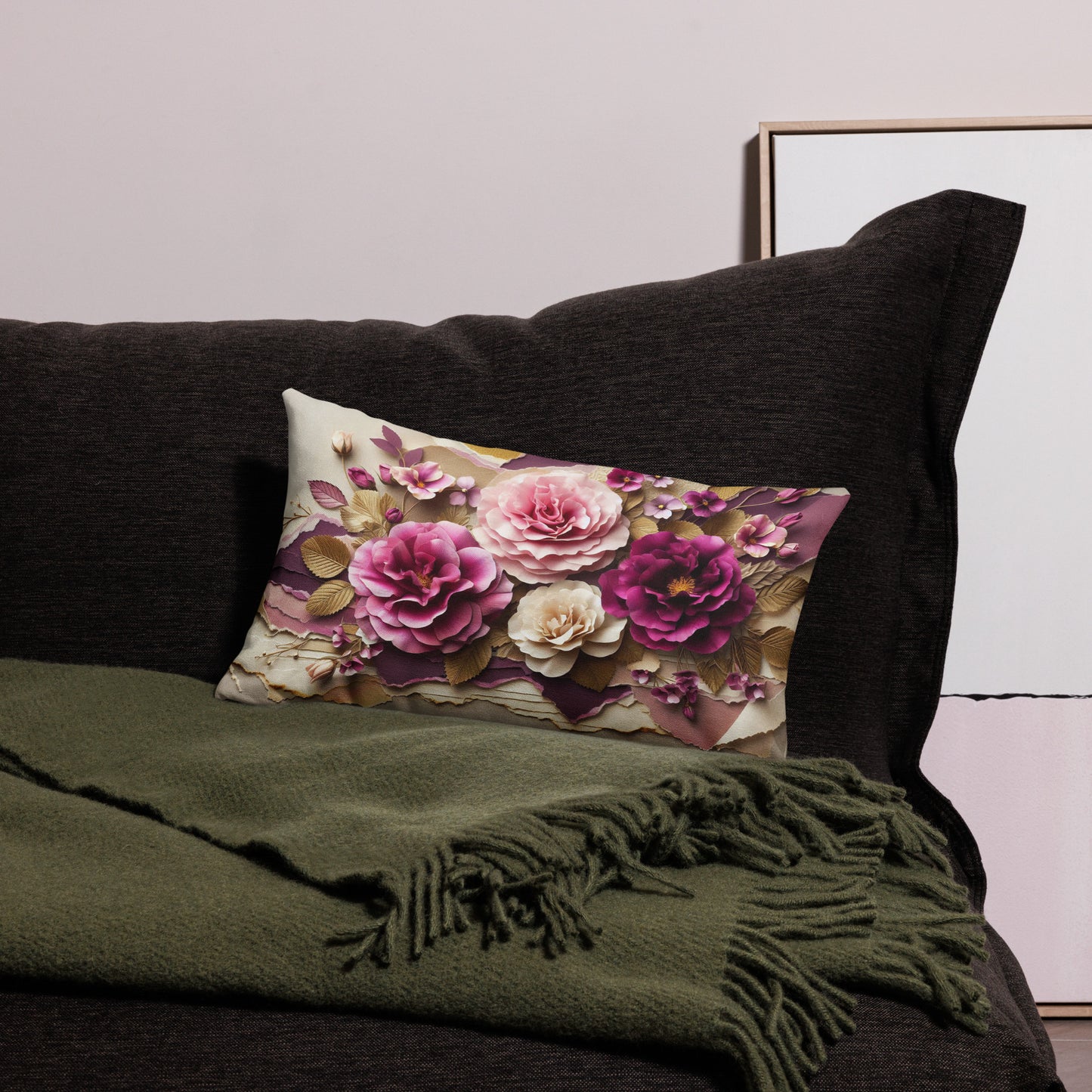 Front of pink, purple, and cream floral throw 20 x 12 pillow