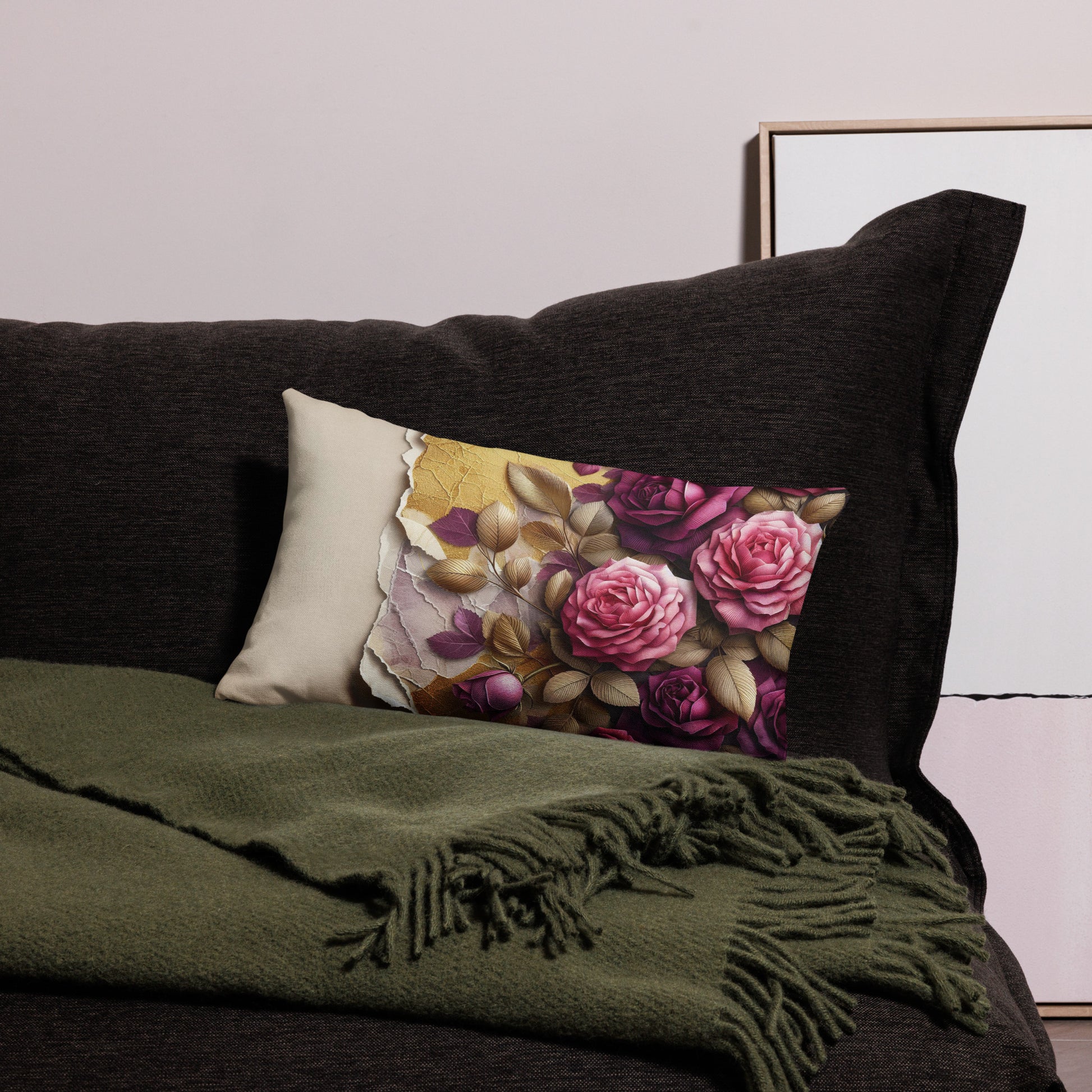 Back of pink, purple, and cream floral throw 20 x 12 pillow