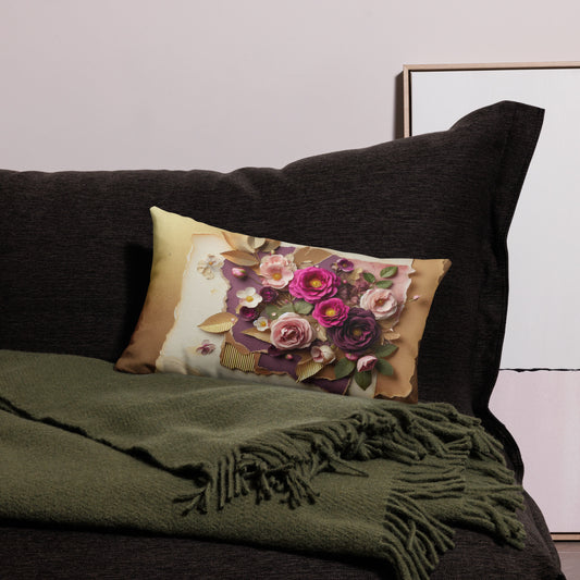 Front of pink, purple, and cream floral throw 20 x 12 pillow