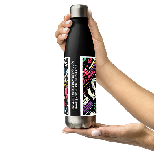 Back of black stainless steel water bottle with dollar signed colorful background with text from Jeremiah 29:11