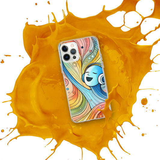 Front of iPhone 12 pro clear case with colorful illustration of image happily singing and listening to music