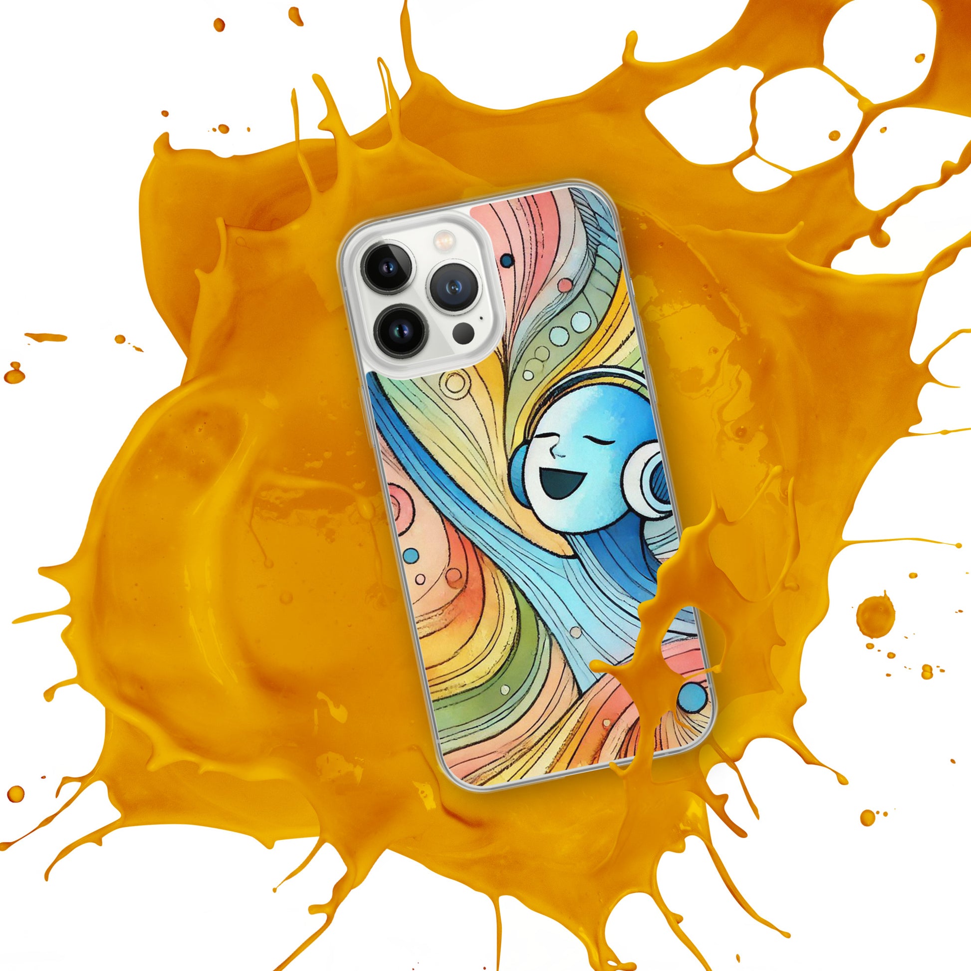 Front of iPhone 13 pro clear case with colorful illustration of image happily singing and listening to music