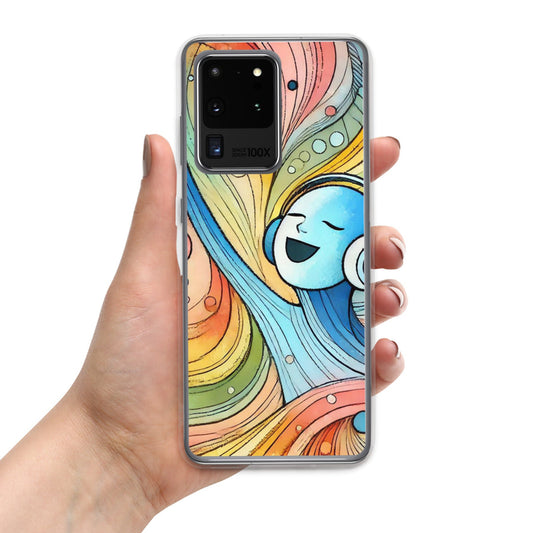 Front of Samsung s20 clear case with illustration of figure singing and listening to music