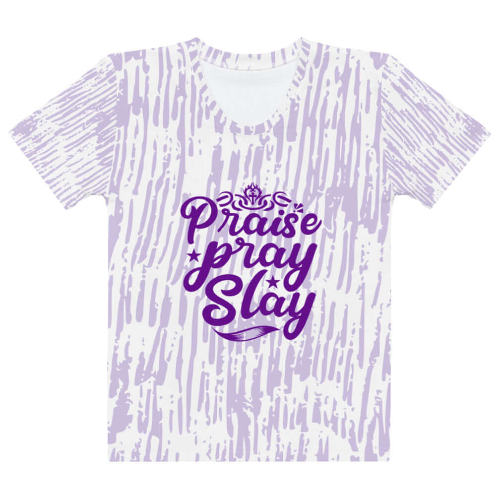 Front view of purple and white print t-shirt with purple text on the front saying 'Praise Pray Slay'