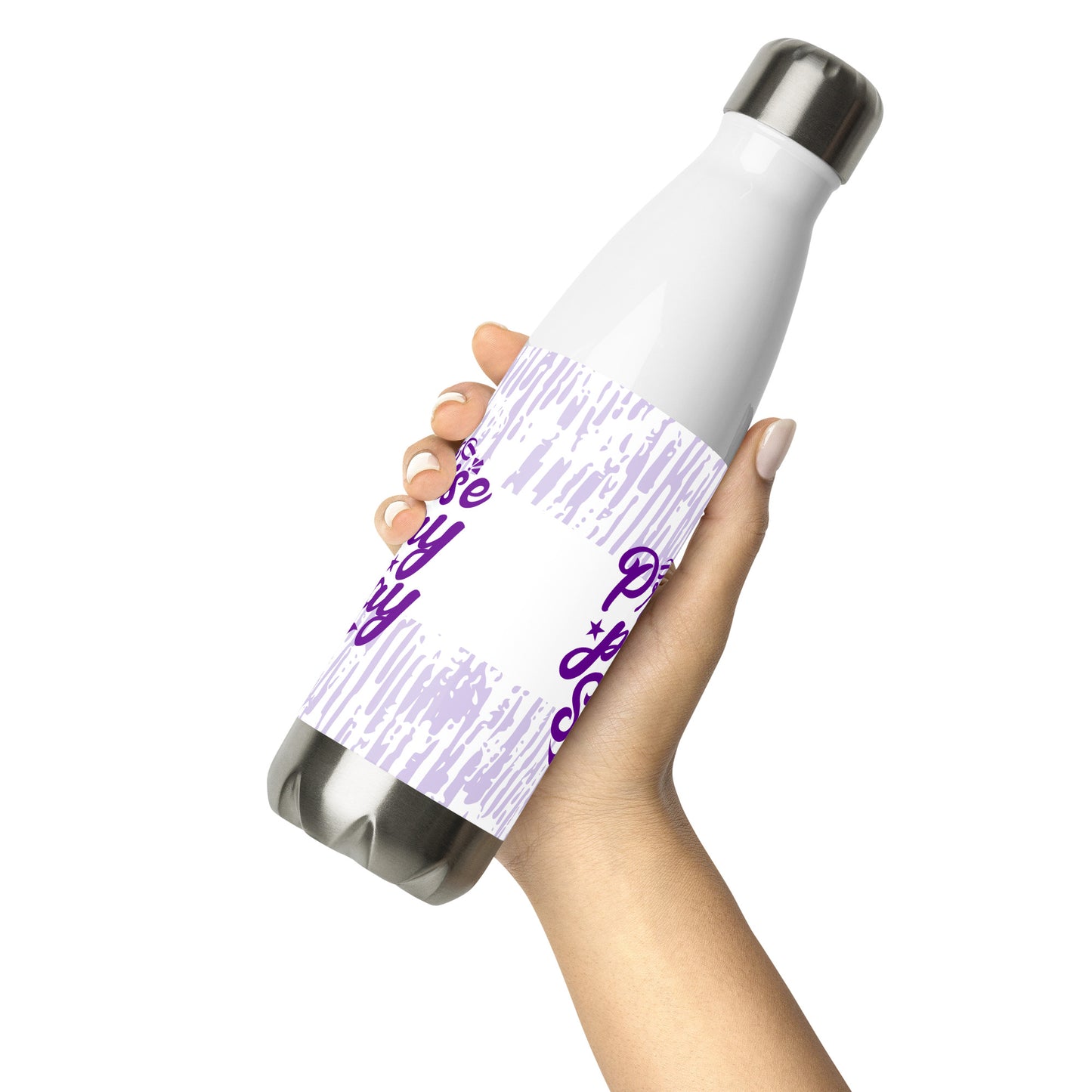 Held front of white stainless steel water bottle with purple and white pattern and purple text saying 'praise, pray slay'