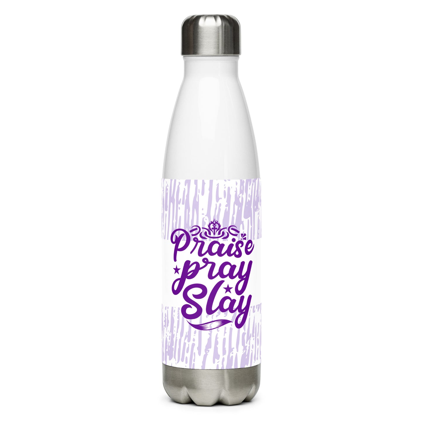 Left standing of white stainless steel water bottle with purple and white pattern and purple text saying 'praise, pray slay' Product mockup