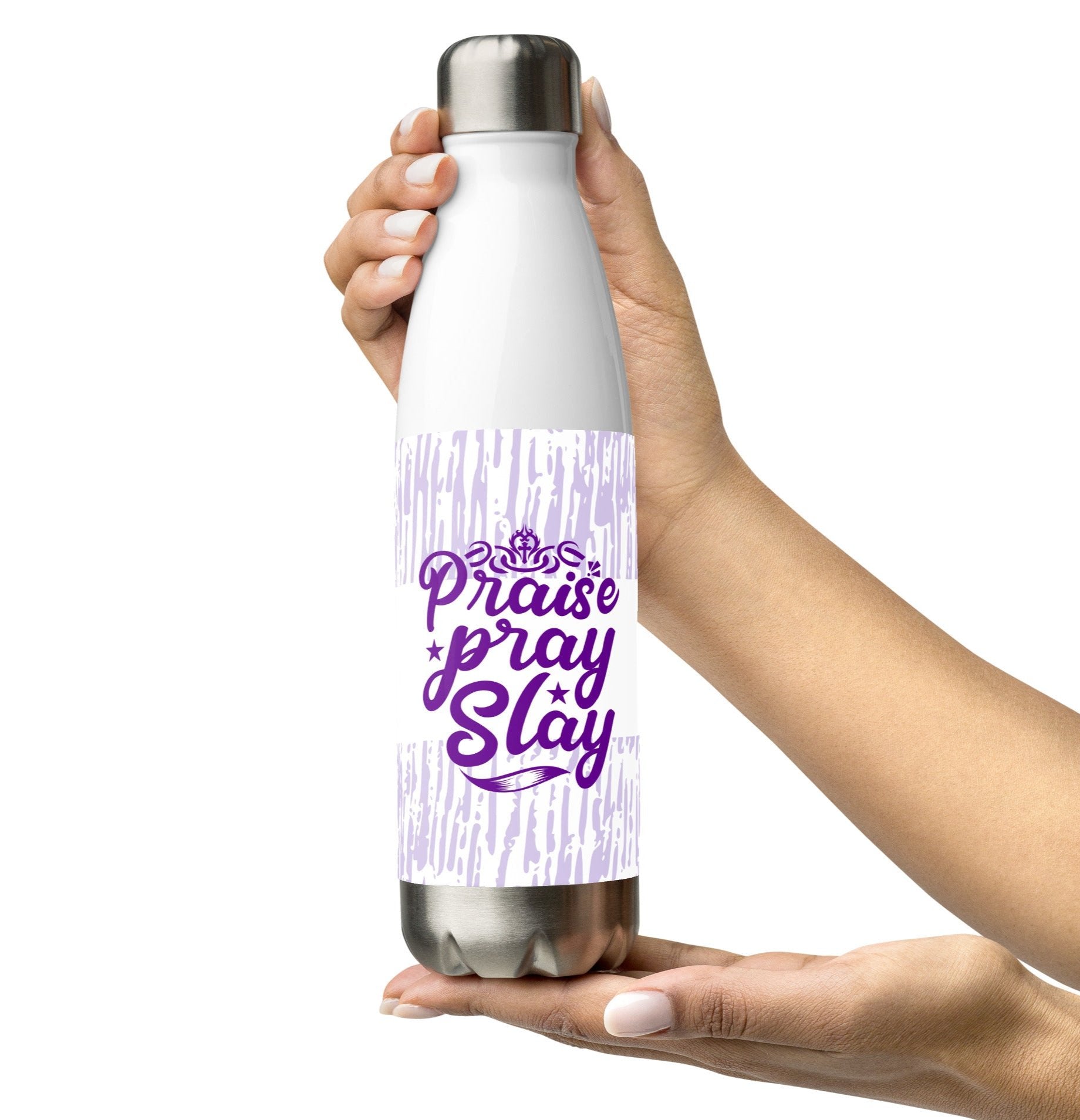 Left of white stainless steel water bottle with purple and white pattern and purple text saying 'praise, pray slay'