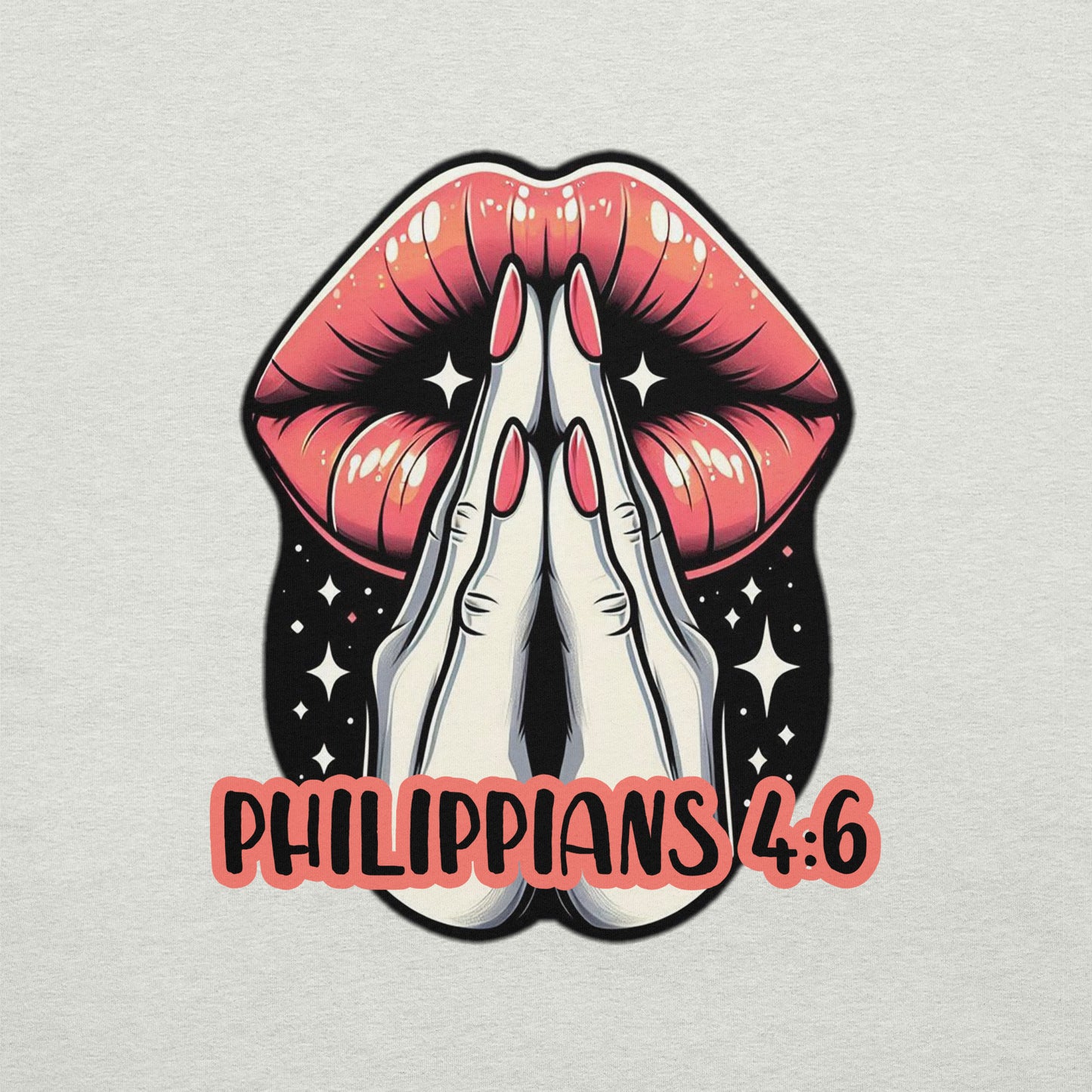 Back zoom of ash-t-shirt with image of pink lips and white praying hands with pink and black text saying 'Philippians 4:6'