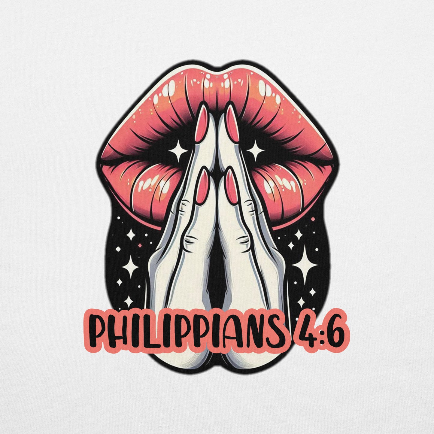 Back zoom of t-shirt with image of pink lips and white praying hands with pink and black text saying 'Philippians 4:6'