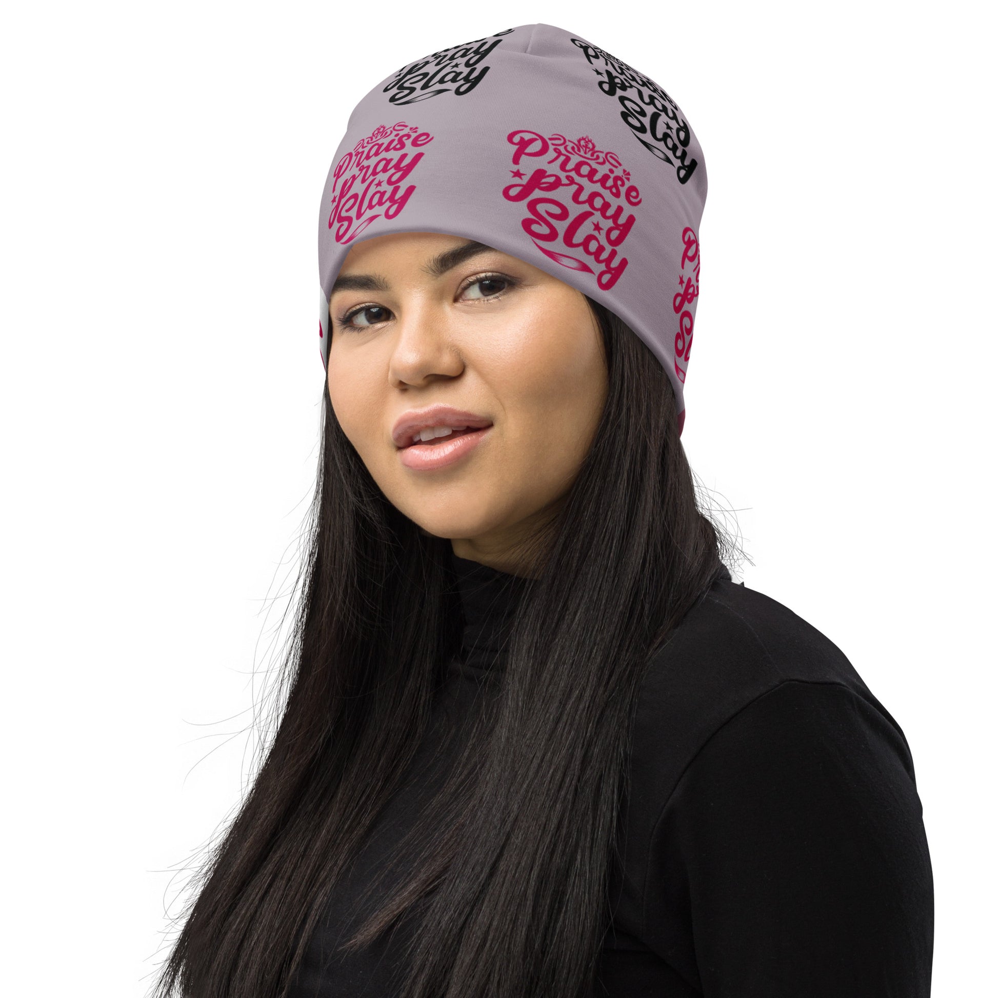 Left of Praise Pray Slay beanie with a gray print background, text saying 'Praise Pray Slay' in burgundy and black text