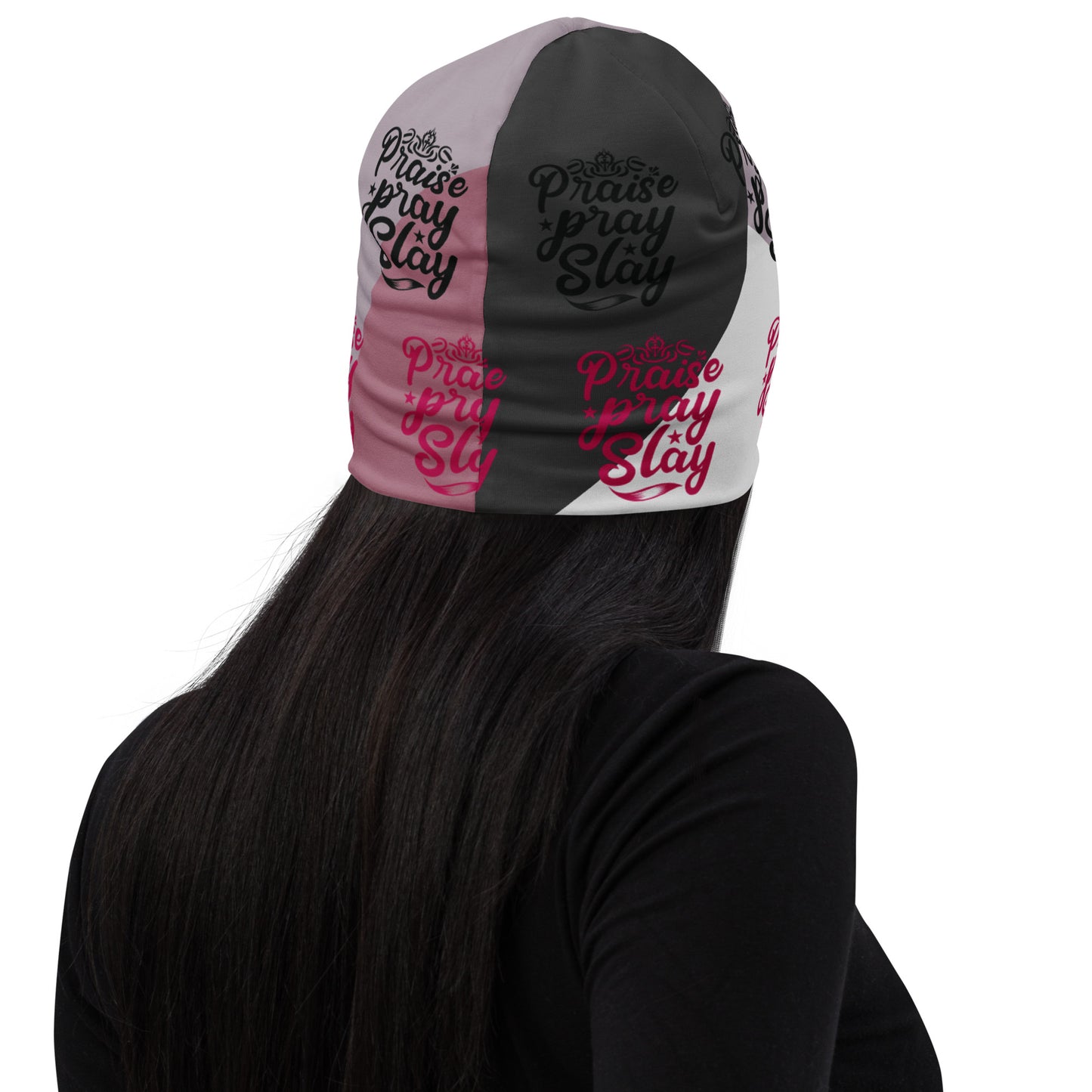 Back of Praise Pray Slay beanie with a gray print background, text saying 'Praise Pray Slay' in burgundy and black text