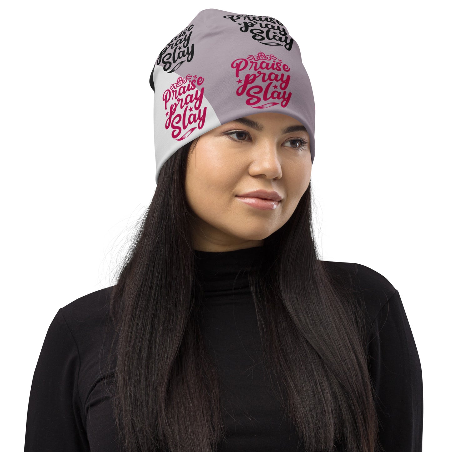 Right of Praise Pray Slay beanie with a gray print background, text saying 'Praise Pray Slay' in burgundy and black text