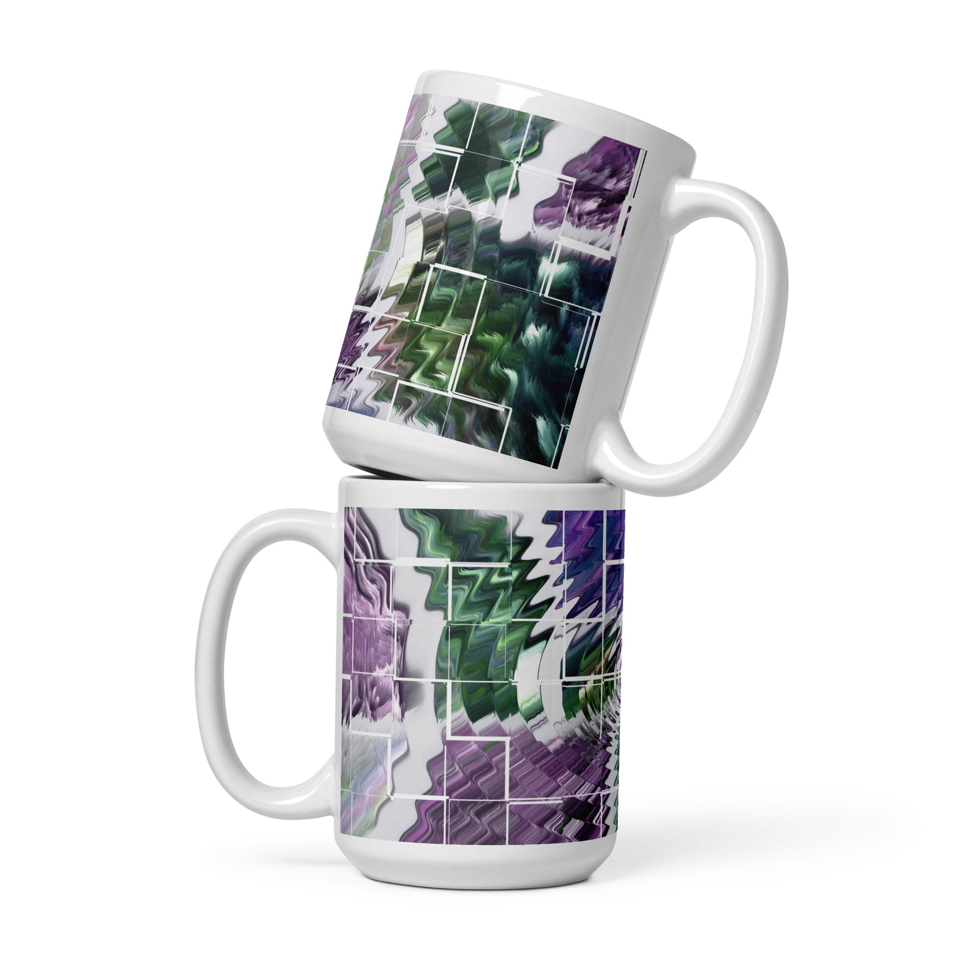 Two views of the mug, covered in a purple, green and white abstract print background