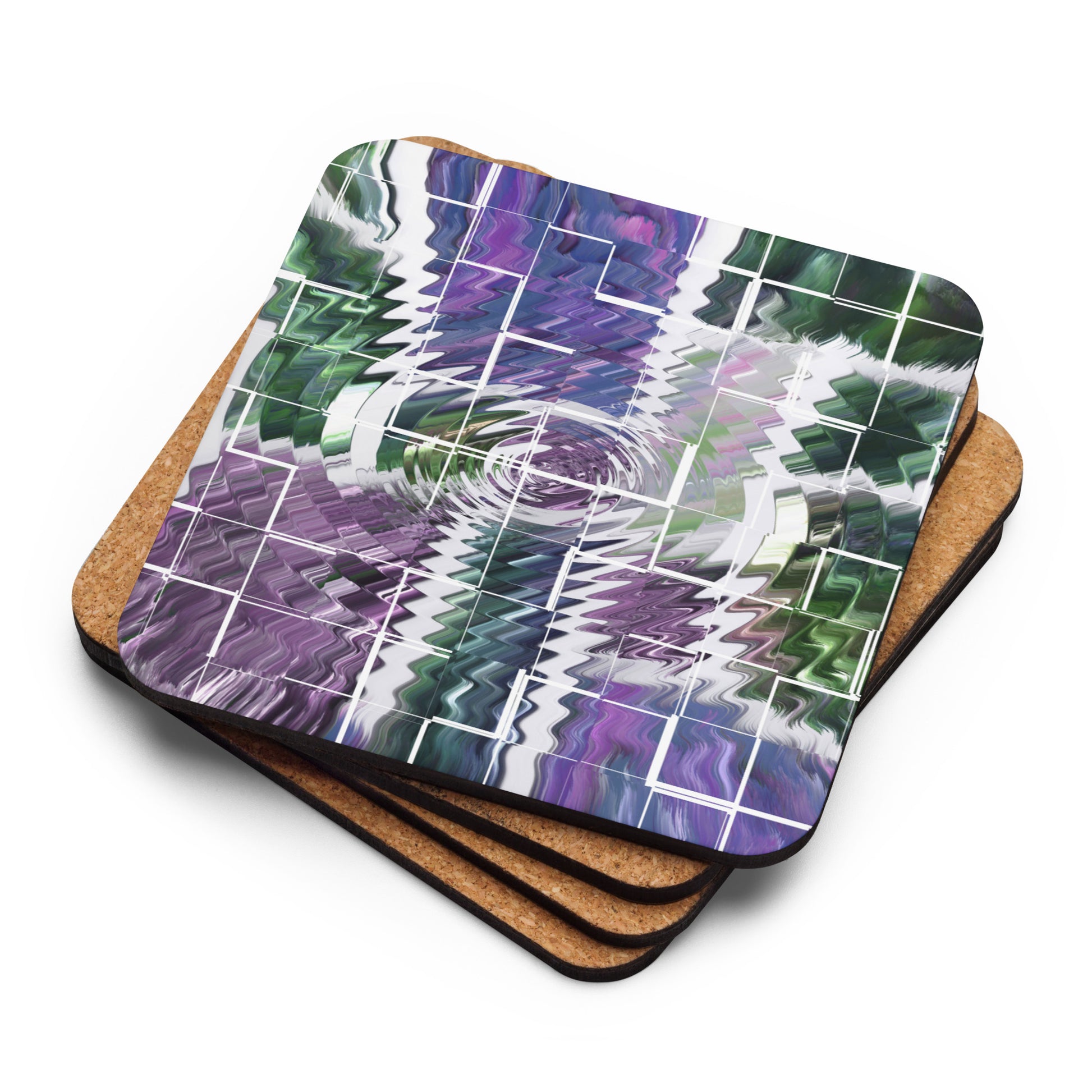 Cork-back coaster covered in purple, green and white abstract background