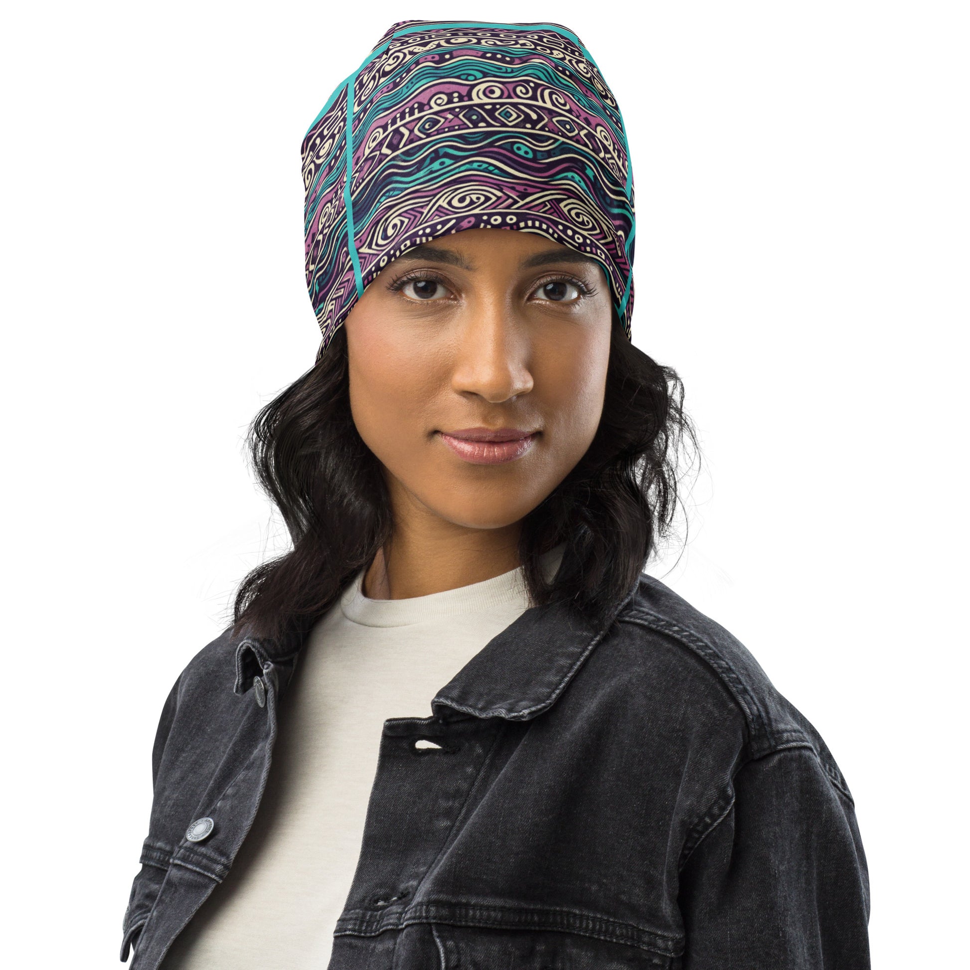 Front of purple and teal patterned beanie