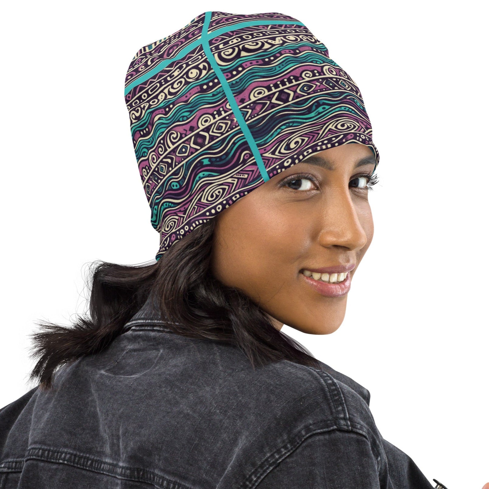 Right front of purple and teal patterned beanie