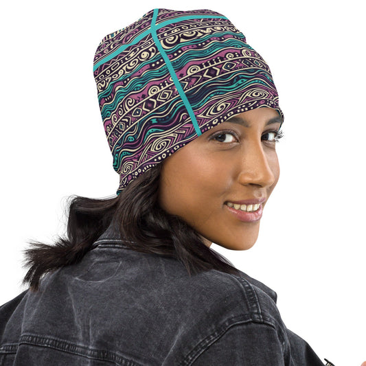 Right front of purple and teal patterned beanie