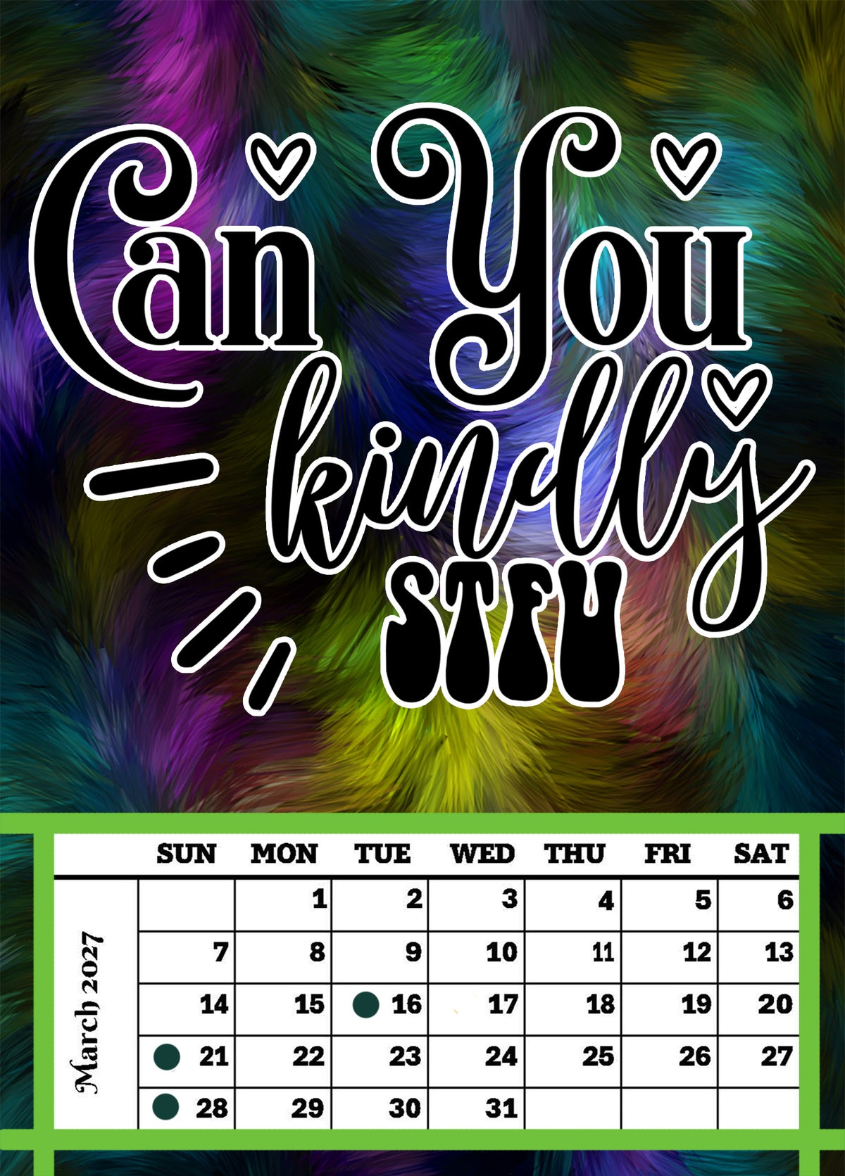 Year 2027 Calendar - That Sarcastic Spirit (Set of 12 1-Month 5x7 Canvas Prints)