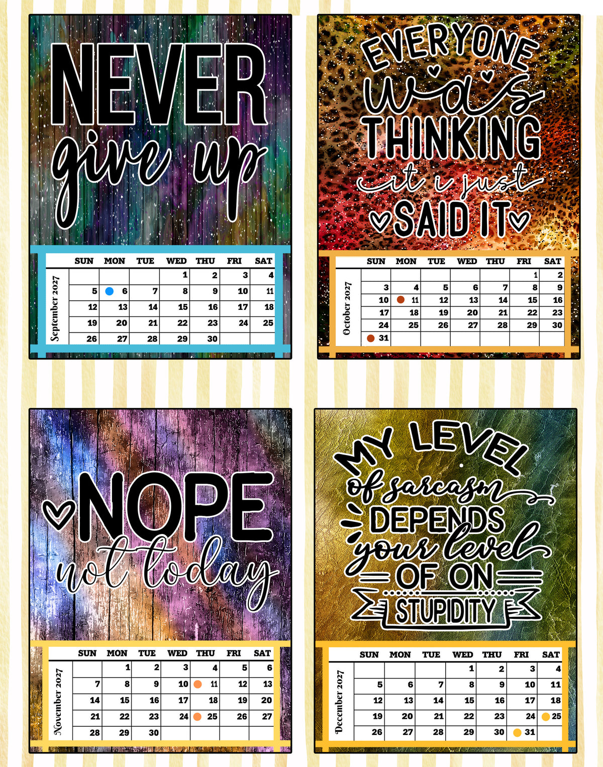 Year 2027 Calendar - That Sarcastic Spirit (Set of 3, 4-Month 11x14 Canvas Prints)