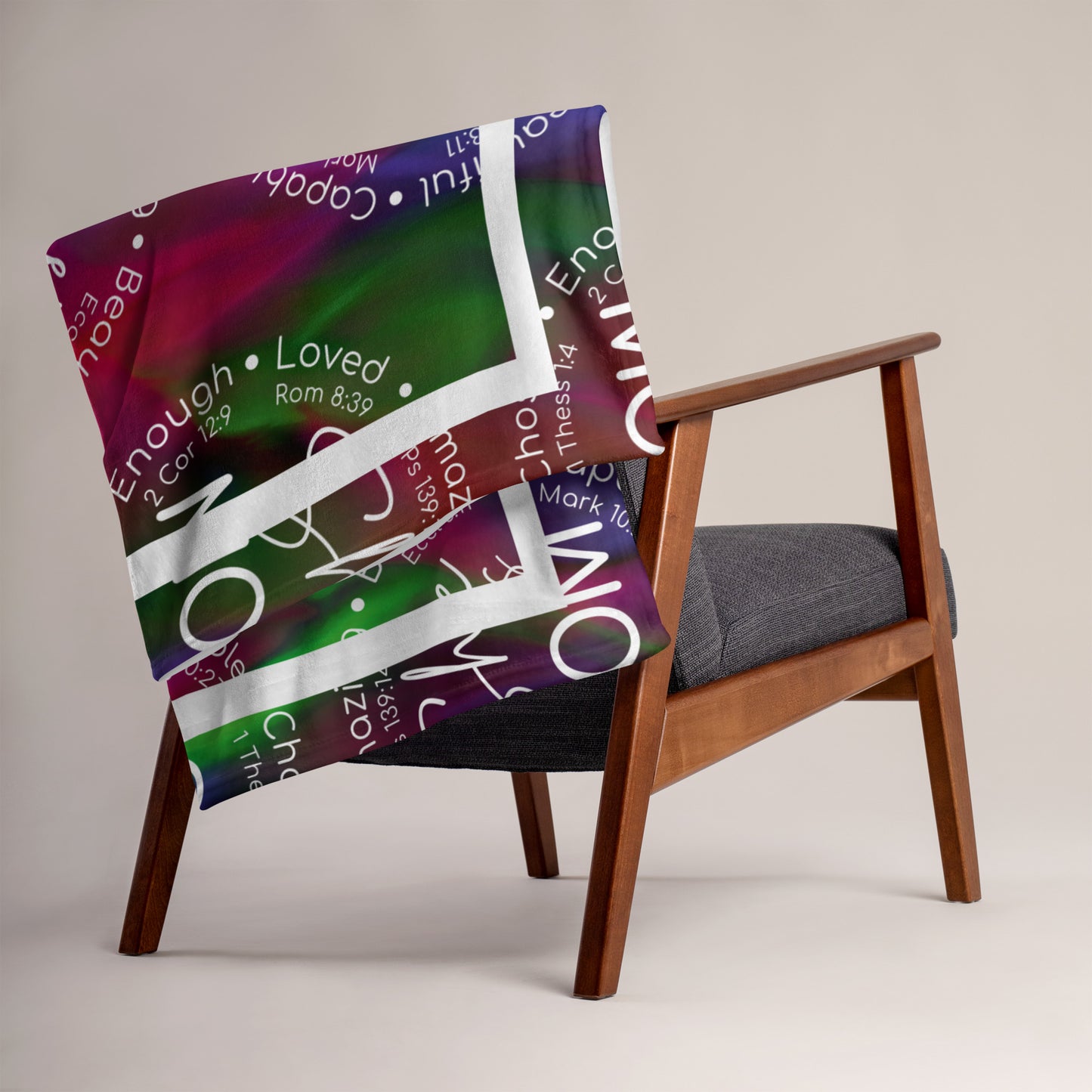 Throw blanket 50x60 with message 'She is Mom" in purple folded across chair