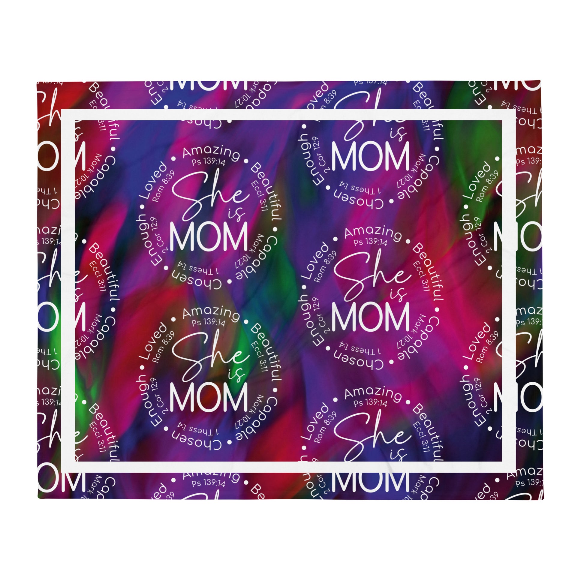 Throw blanket 50x60 with message 'She is Mom" in purple flat
