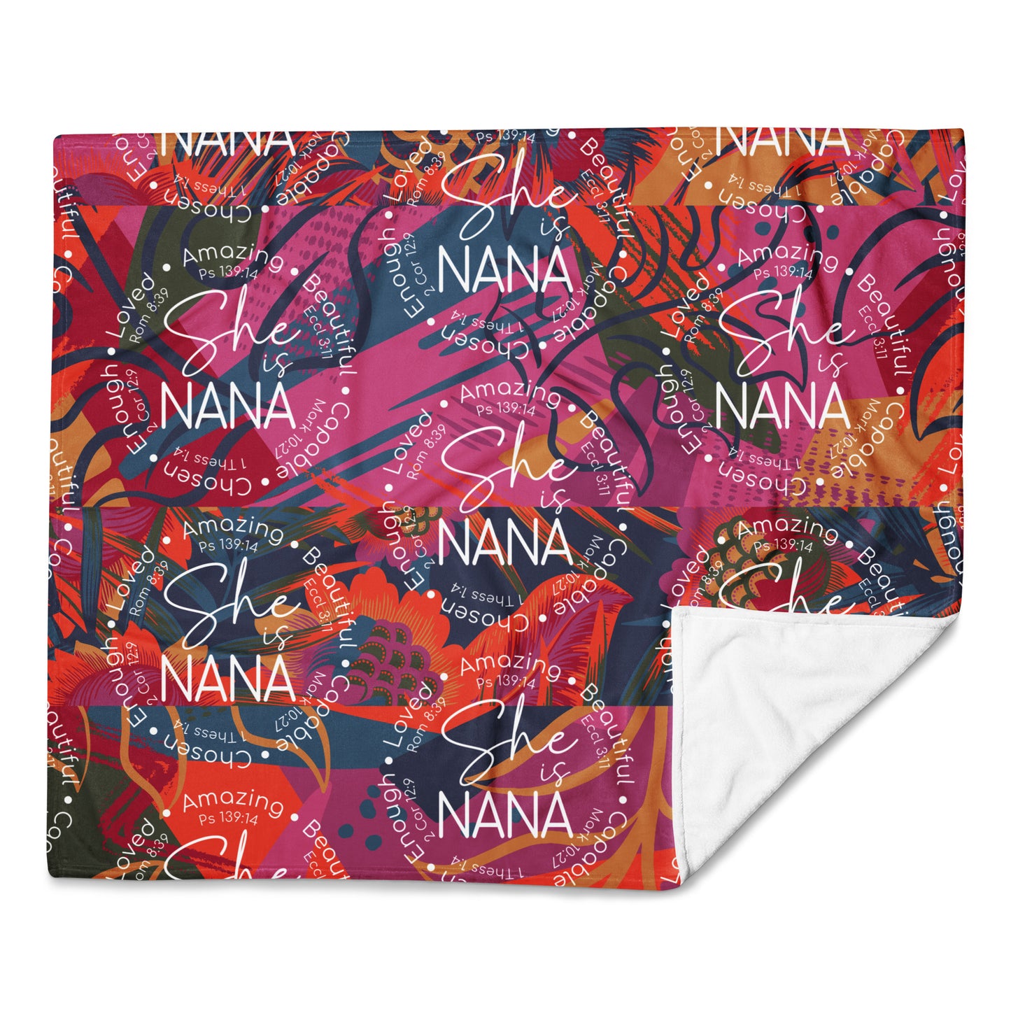 Throw blanket 50x60 with message 'She is Nana" in orange and green multi flat