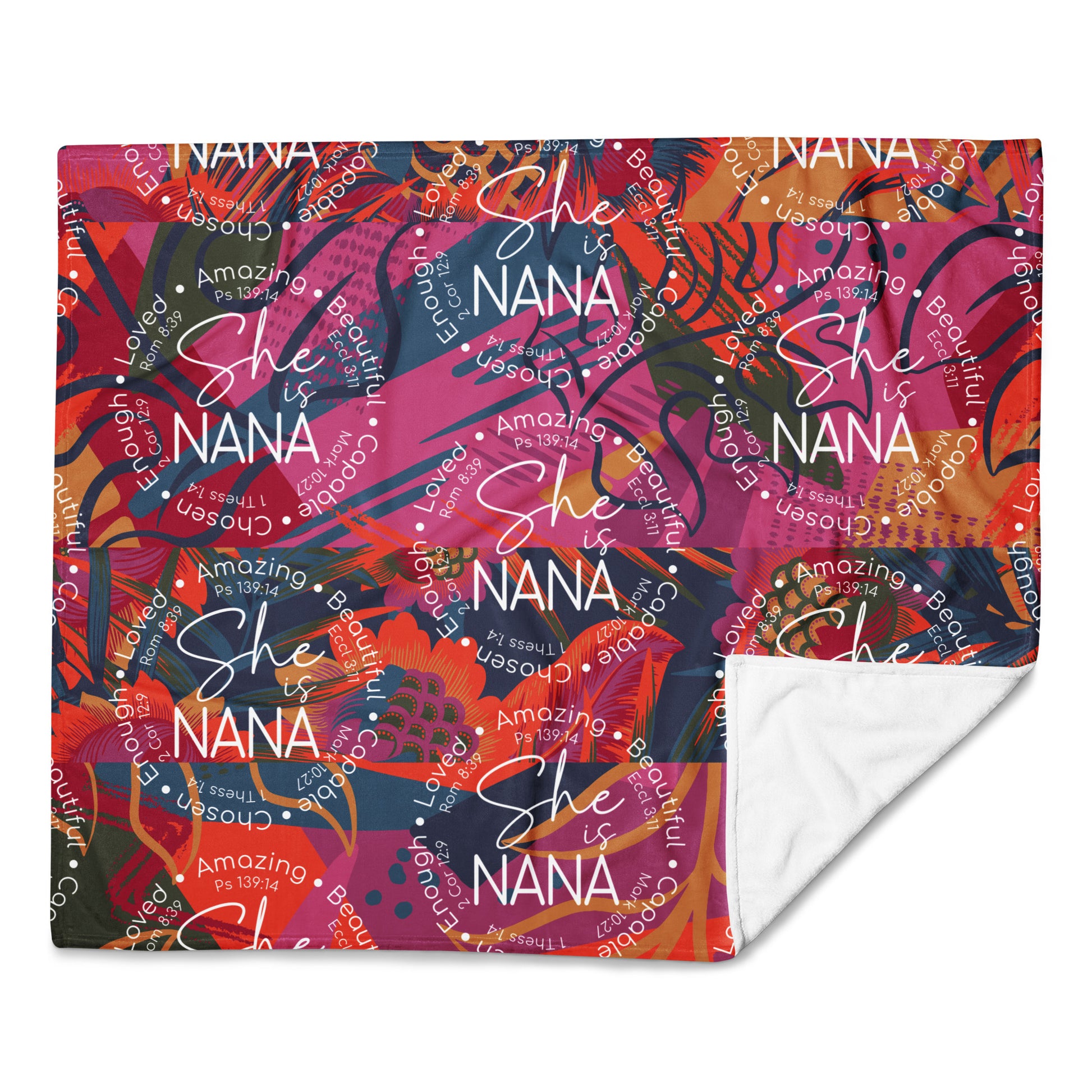 Throw blanket 50x60 with message 'She is Nana" in orange and green multi flat