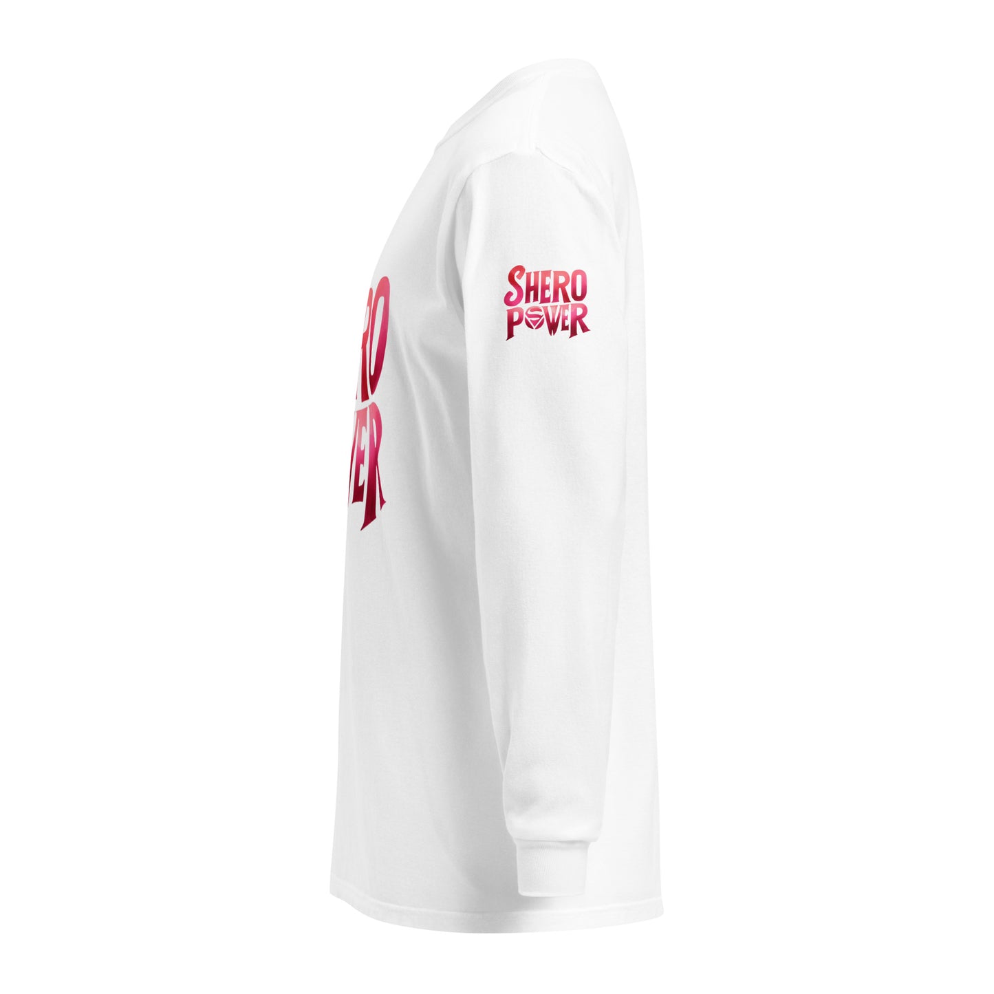 Left sleeve of white long sleeve shirt with text 'Shero Power" in red