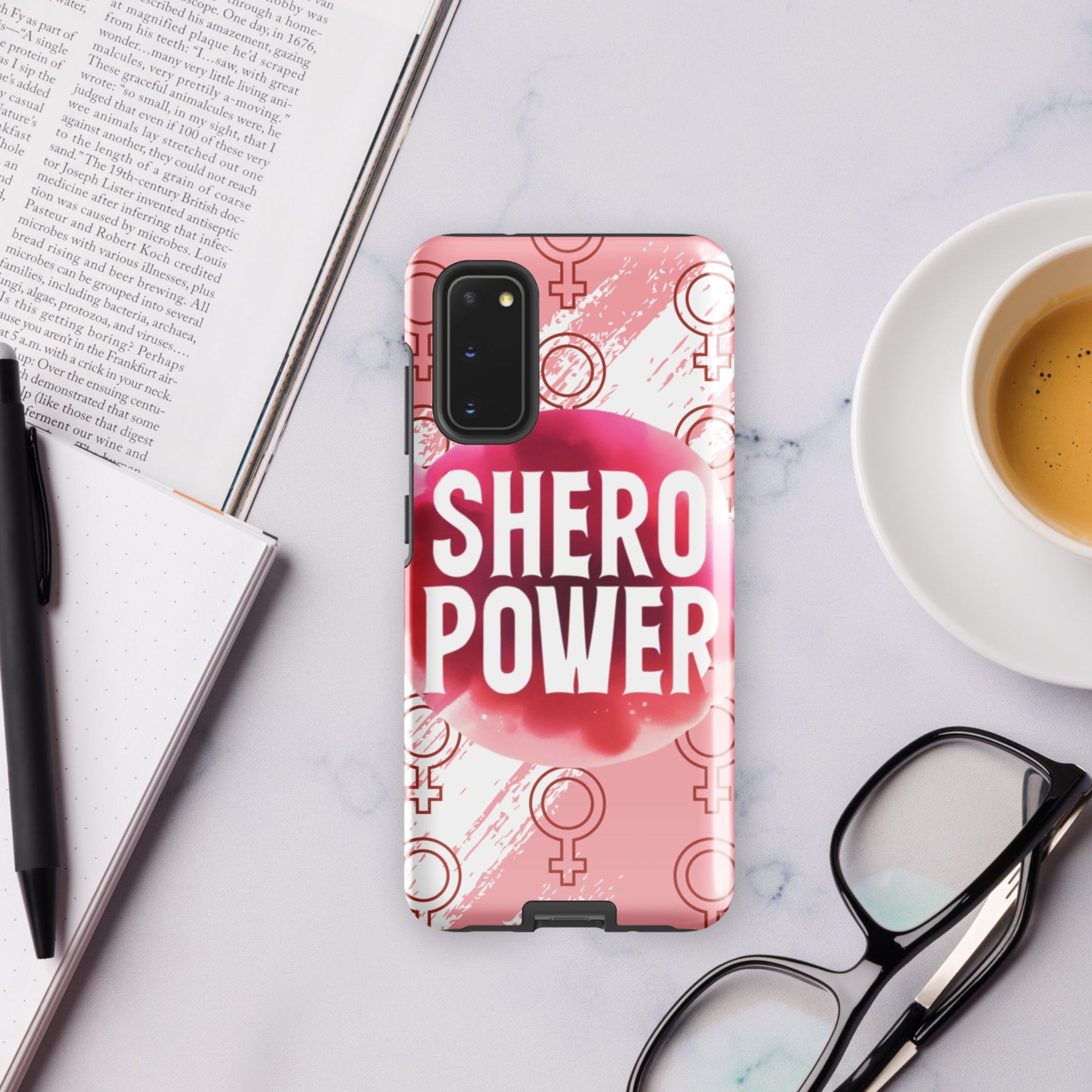 Front of Samsung s20 case with 'Shero Power' logo in pink and white and pink and white background