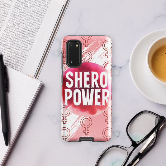 Front of Samsung s20 case with 'Shero Power' logo in pink and white and pink and white background