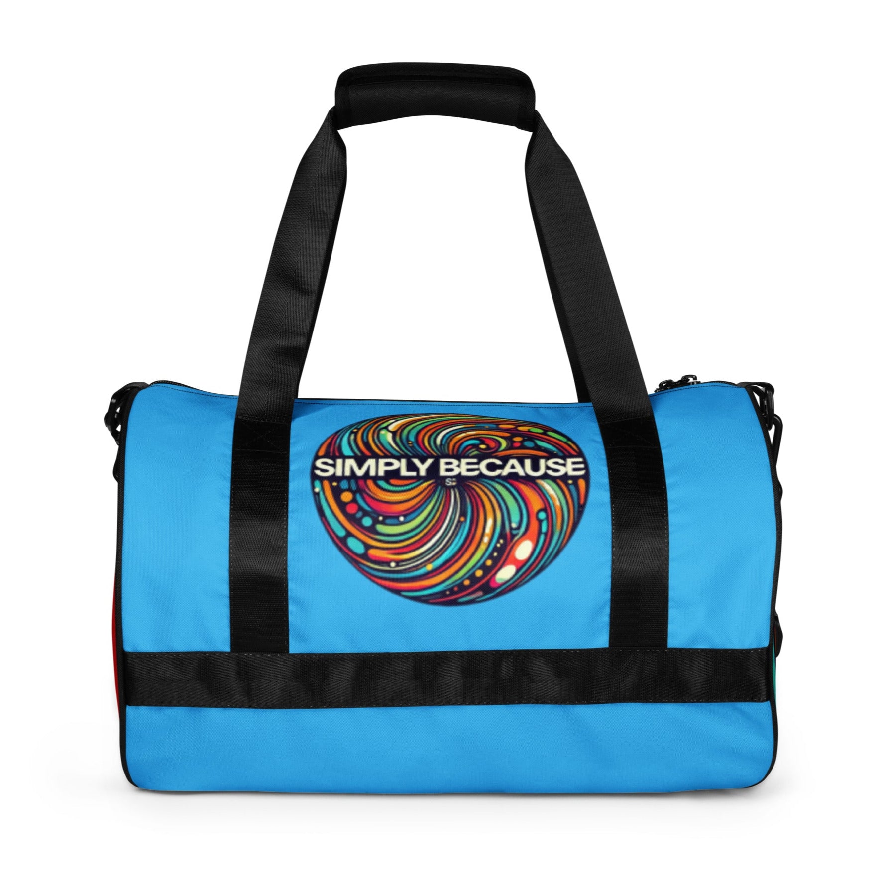 Back of blue gym bag with 'simply because' multi-colored icon