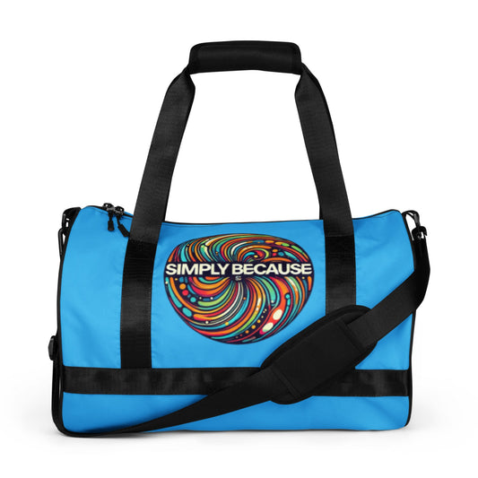 Front of blue gym bag with 'simply because' multi-colored icon