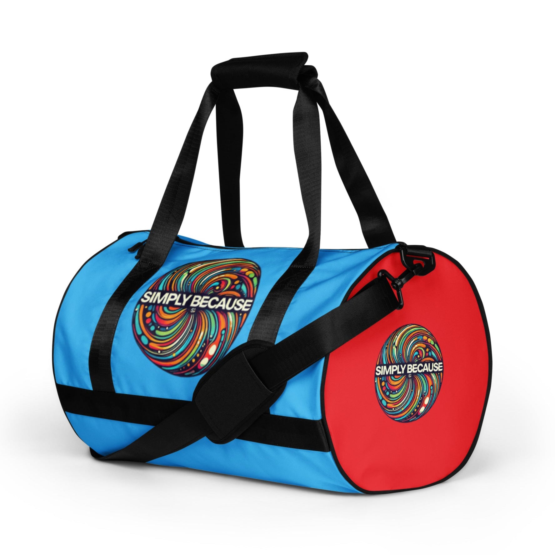 Left front of blue gym bag with 'simply because' multi-colored icons