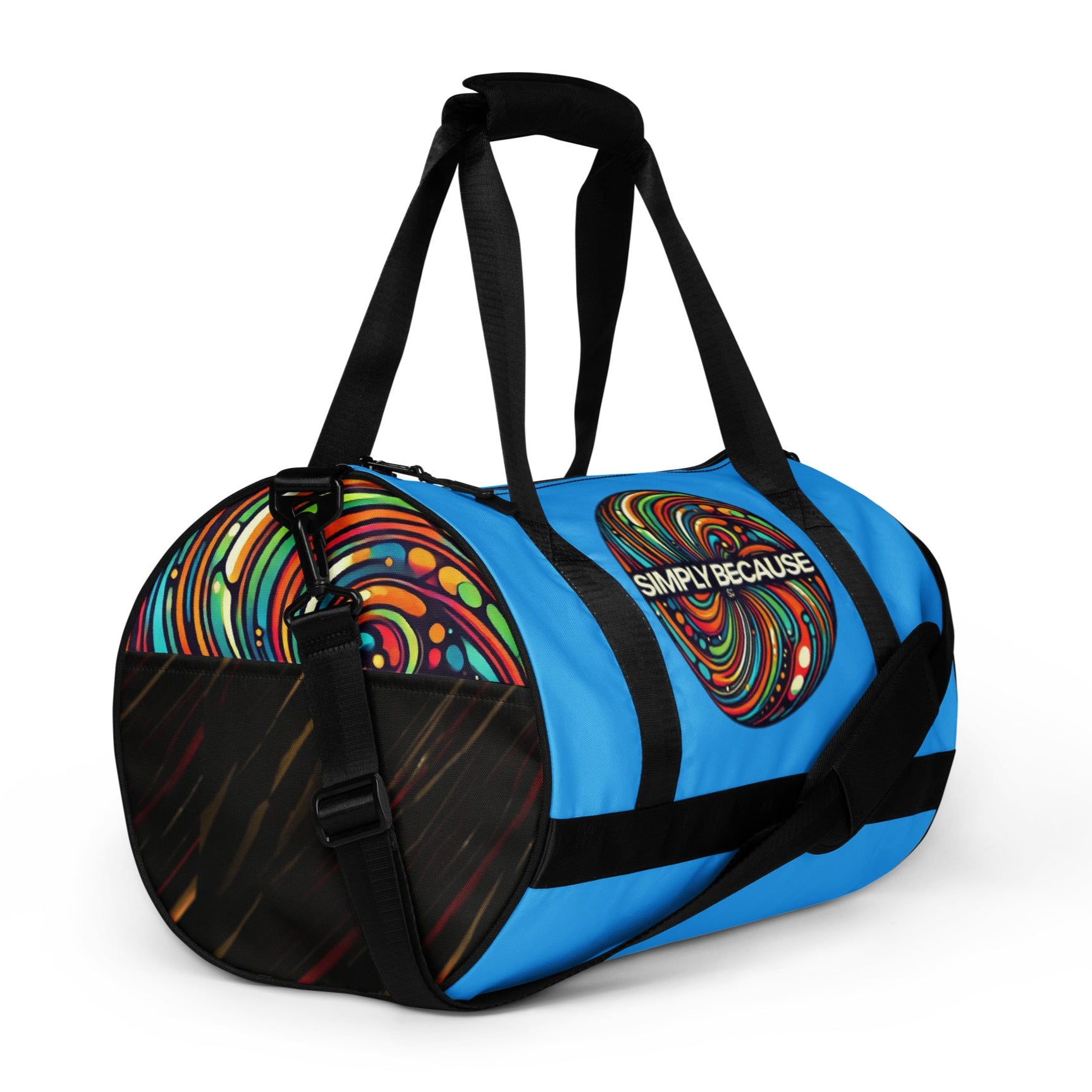 Right front of blue gym bag with 'simply because' multi-colored icons