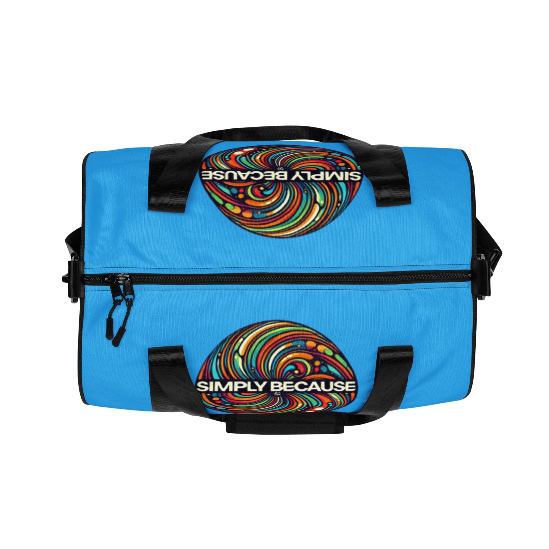 Top of blue gym bag with 'simply because' multi-colored icon on both sides from top view