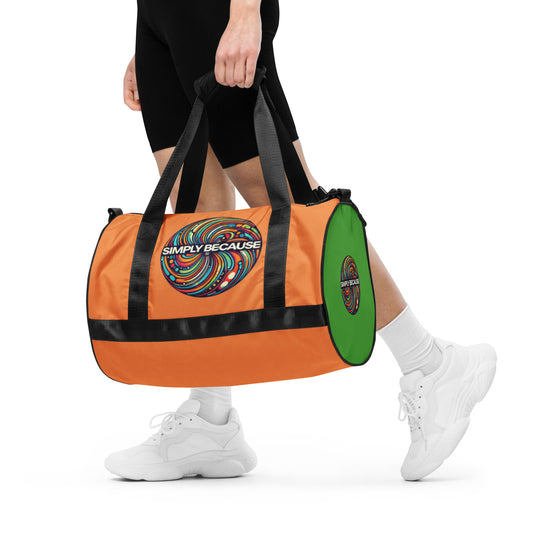 Front of orange gym bag with 'simply because' multi-colored icon