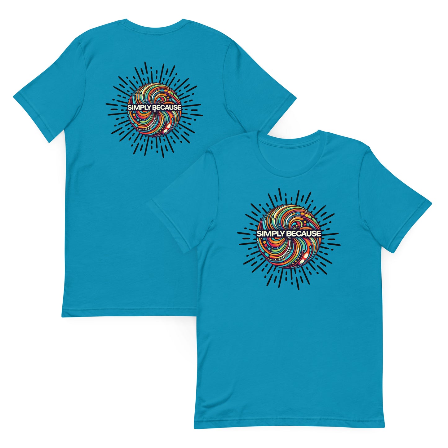 Front and back of aqua t-shirt with multicolored 'simply because' logo