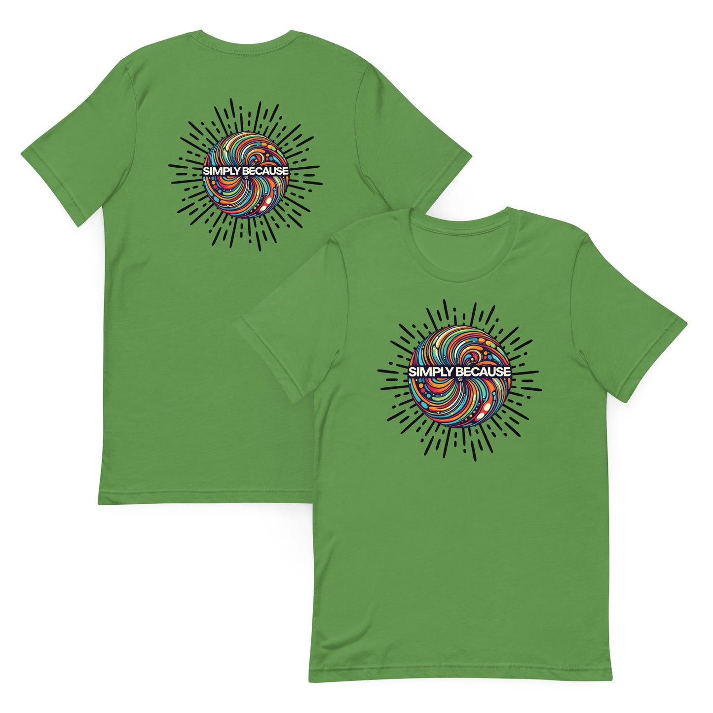 Front and back of leaf t-shirt with multicolored 'simply because' logo