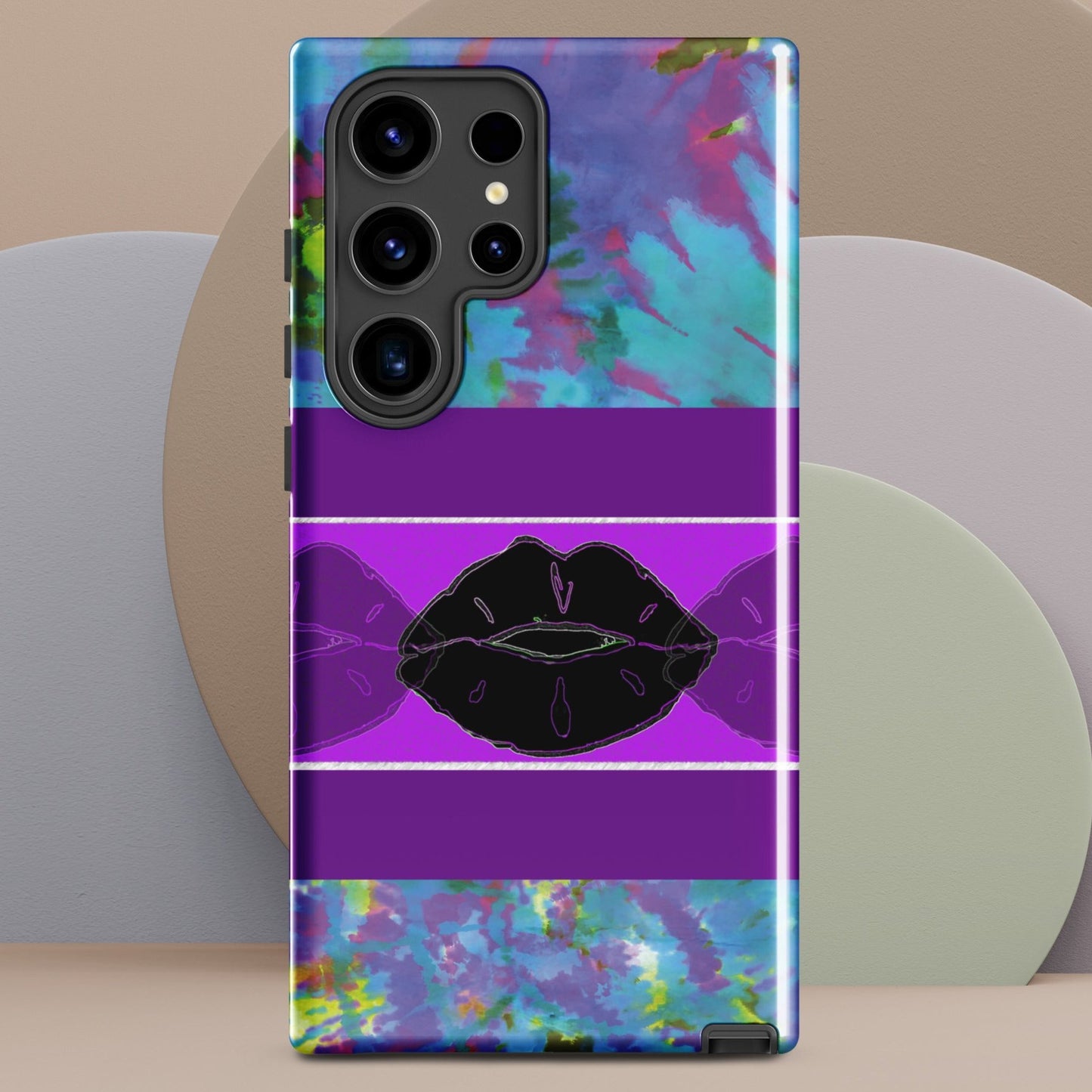 Front of Samsung tough case with blue and purple painted abstract background and middle panel of black lips with a half-purple lip on each side