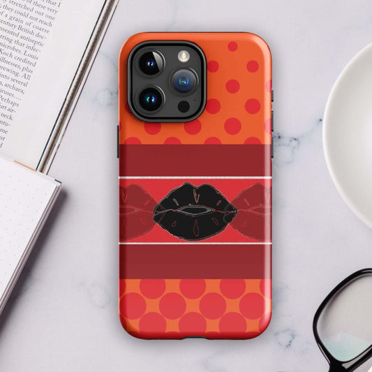 Front of iPhone tough case with red and orange and dotted abstract background and middle panel of black lips with a half-red lip on each side